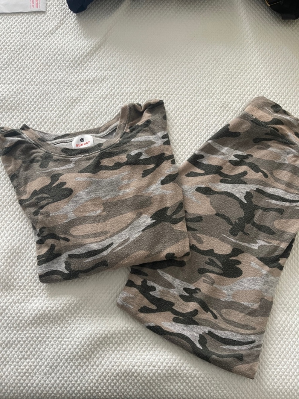 Sundry Camouflage Crewneck Top & Sweatpants  loungewear’s in Olive, Tan & Gray